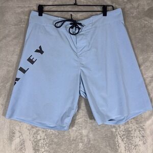 Oakley Board Shorts Men's Size 34 Light Blue Oakley Spellout Beach Casual